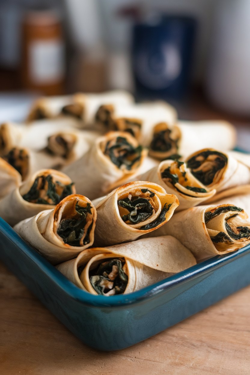 An indoor baking dish lined with tightly rolled baked taquitos showing turkey and spinach inside, edges lightly browned. Photo only, no logos.