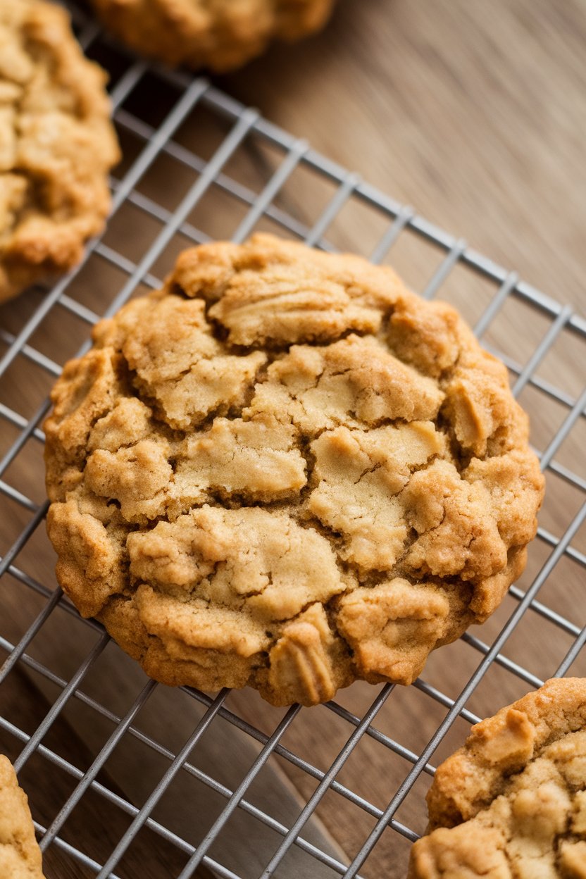 Indoor baking rack with small two-ingredient banana-oat cookies cooling, golden edges visible. No text or logos.