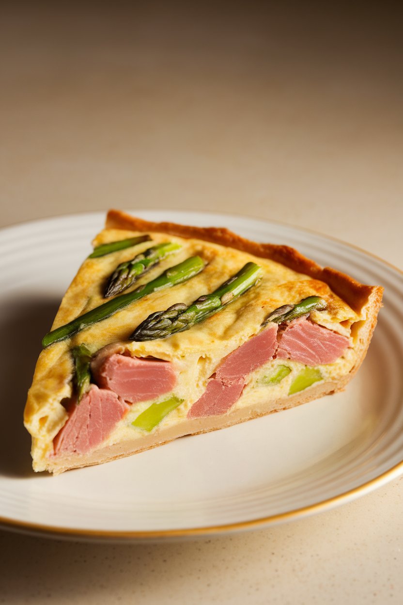Slice of baked frittata showing chunks of tuna and bright green asparagus tips on a white plate; indoor, warm light, no branding.