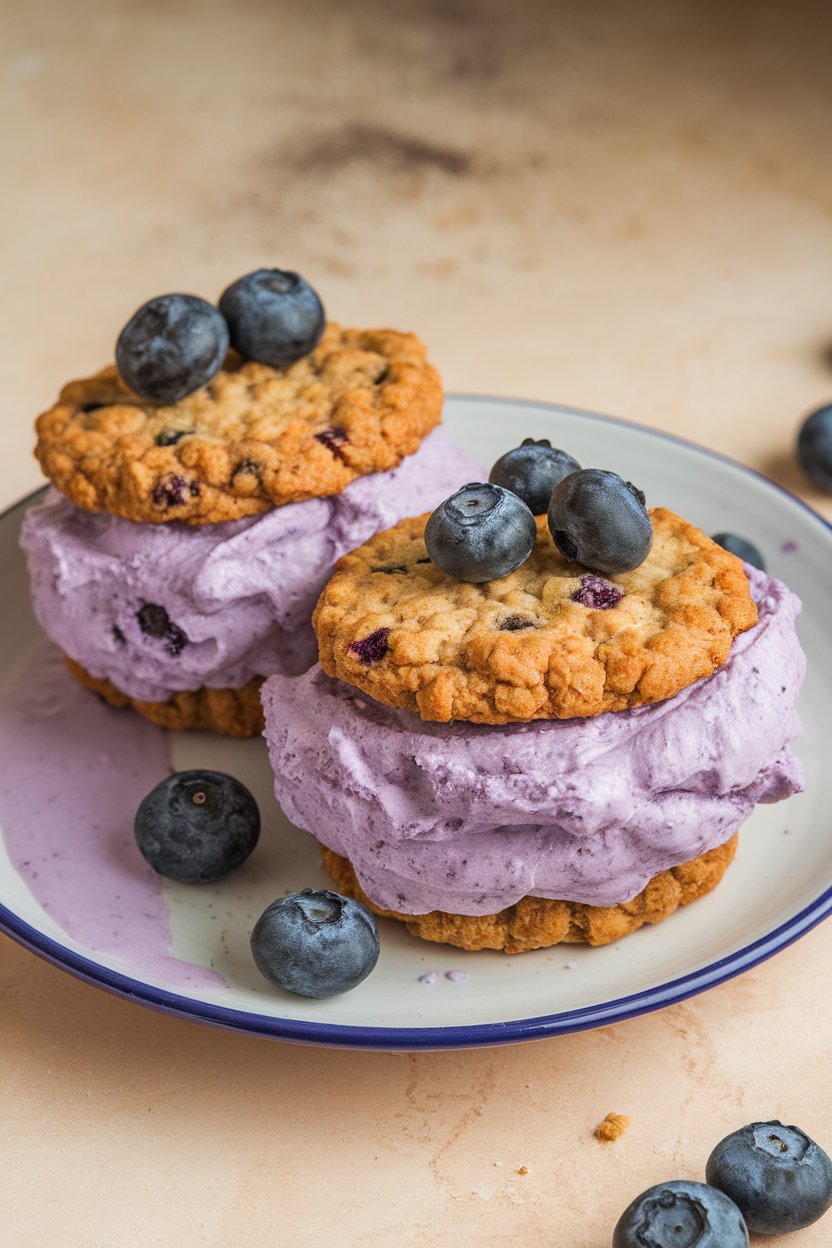 An indoor plate holding two oatmeal cookie sandwiches filled with pale purple blueberry nice cream. Photo only, no text or logos.