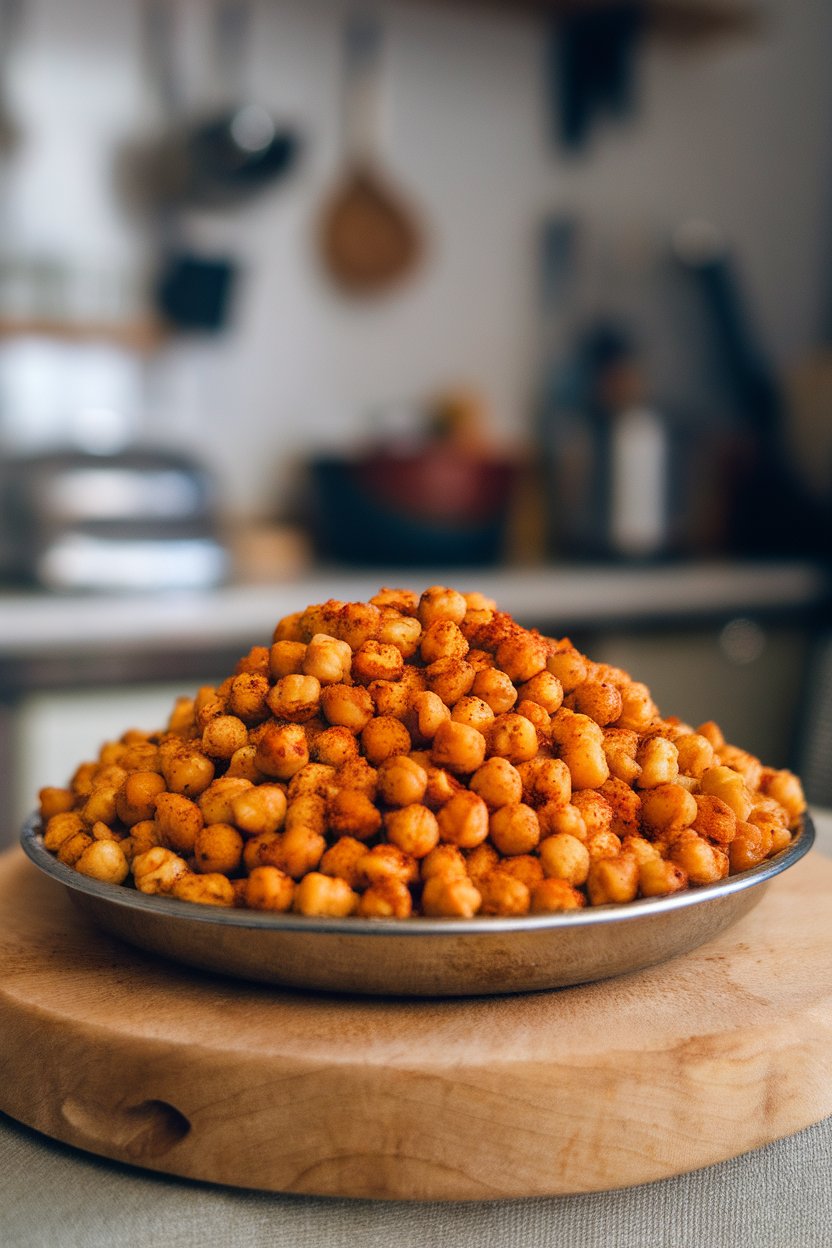 A shallow indoor dish piled with golden roasted chickpeas dusted in paprika and cumin. No text or logos.
