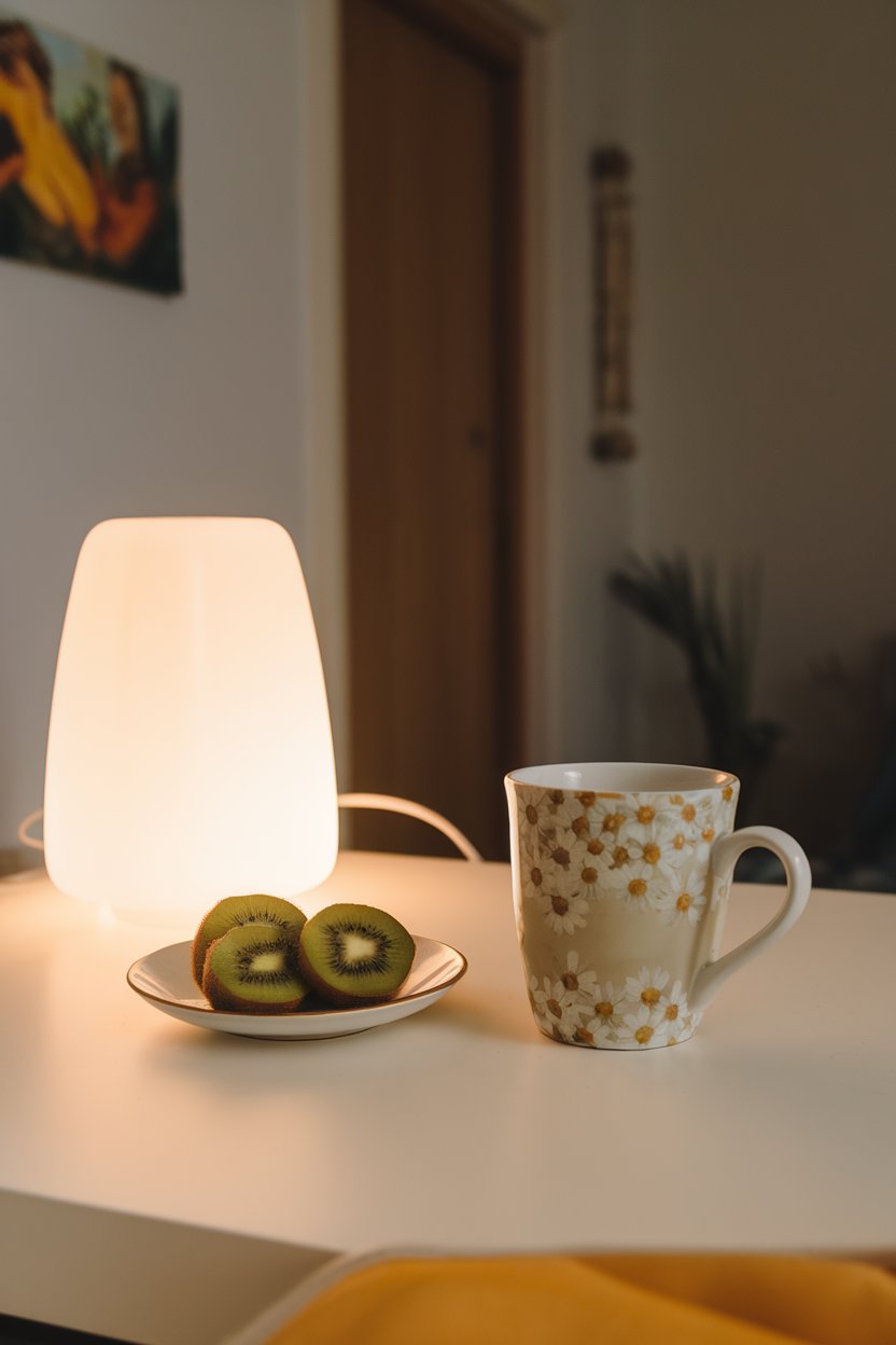 Photo of an indoor bedside table with a calming chamomile tea and a small plate of kiwi slices; dim lamp light; no text or logos.