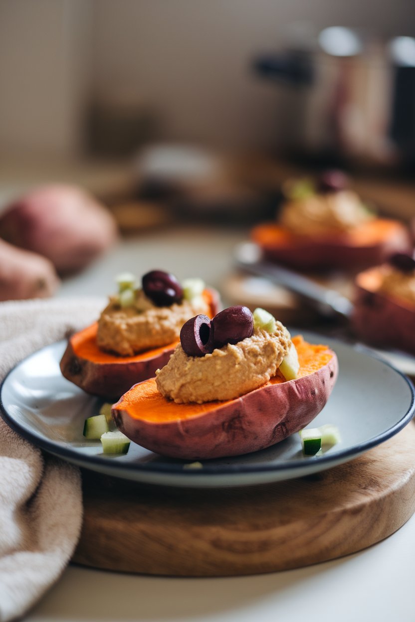 Warm indoor plate featuring halved baked sweet potatoes loaded with hummus, olives, and diced cucumber. No text or logos present.