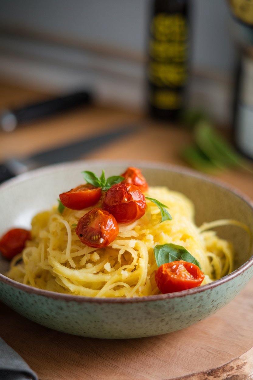 Indoor photo of spaghetti squash strands tossed with roasted cherry tomatoes and basil in a shallow bowl. No text or logos.