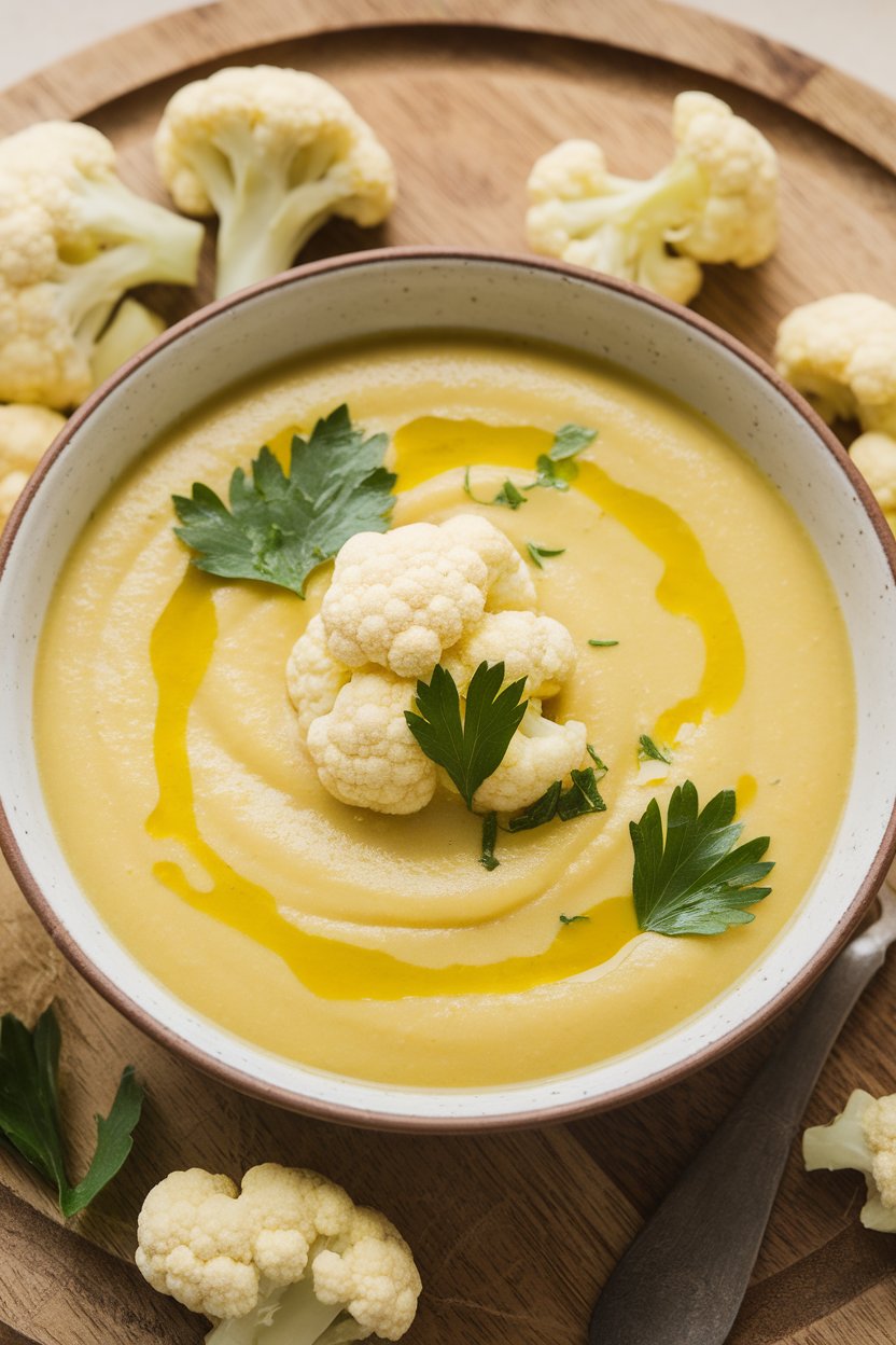 Indoor food photo of silky yellow cauliflower soup drizzled with olive oil in a wide bowl; no text or logos.