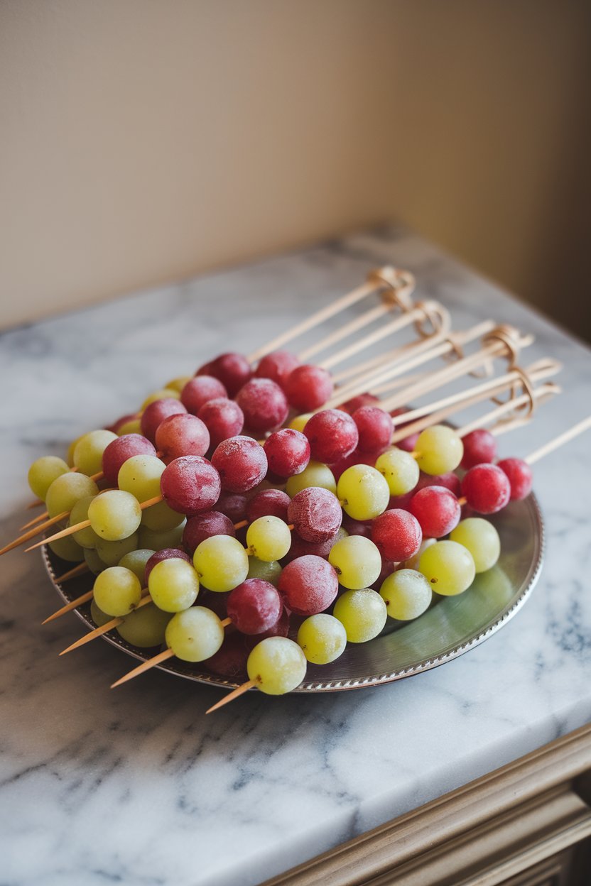 Indoor photo of wooden skewers lined with frozen red and green grapes resting on a chilled plate; soft indoor light, no text or logos