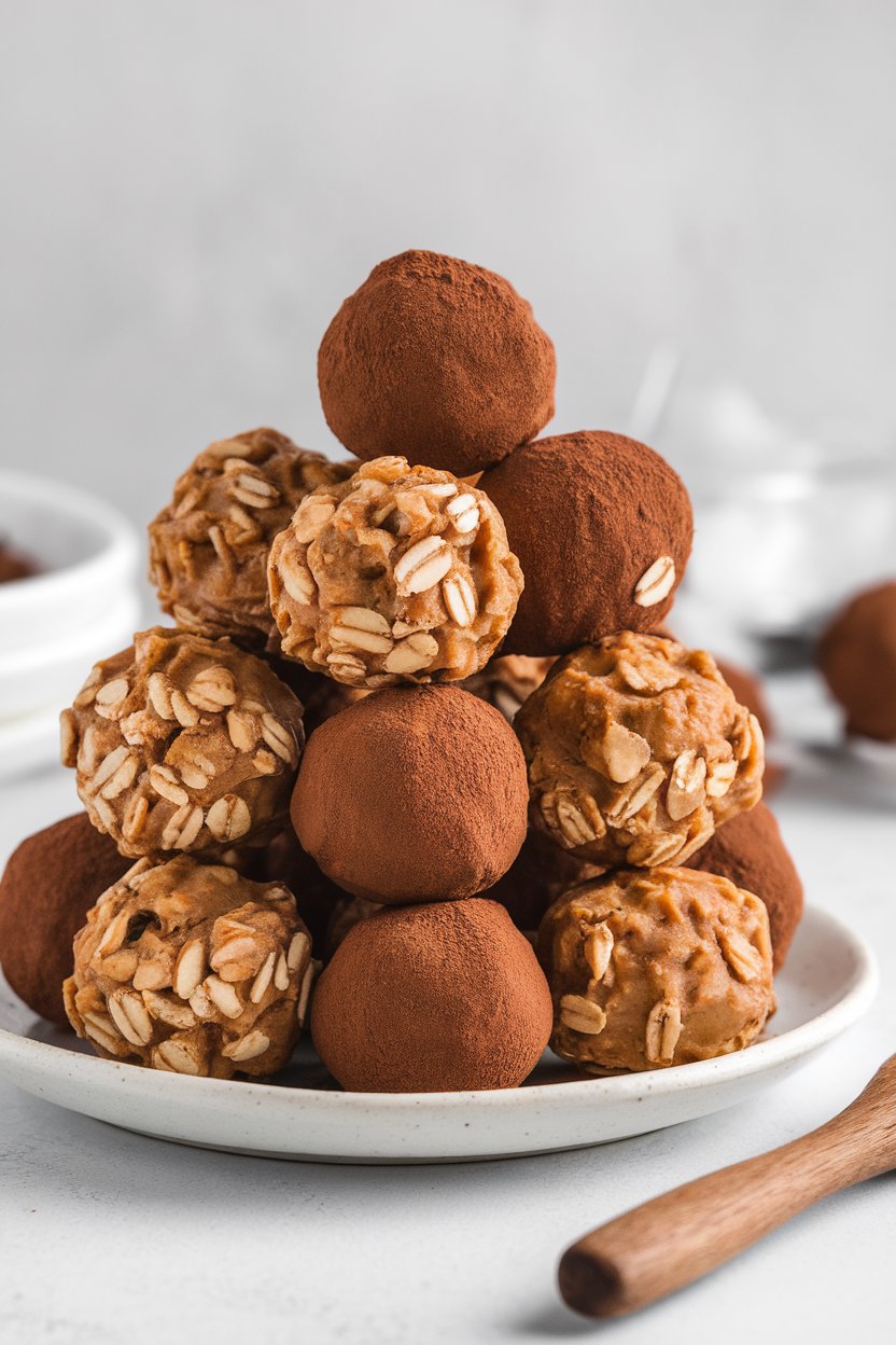 An indoor plate stacked with round oat and peanut butter bites, some rolled in cocoa powder; photo only, no text or logos.