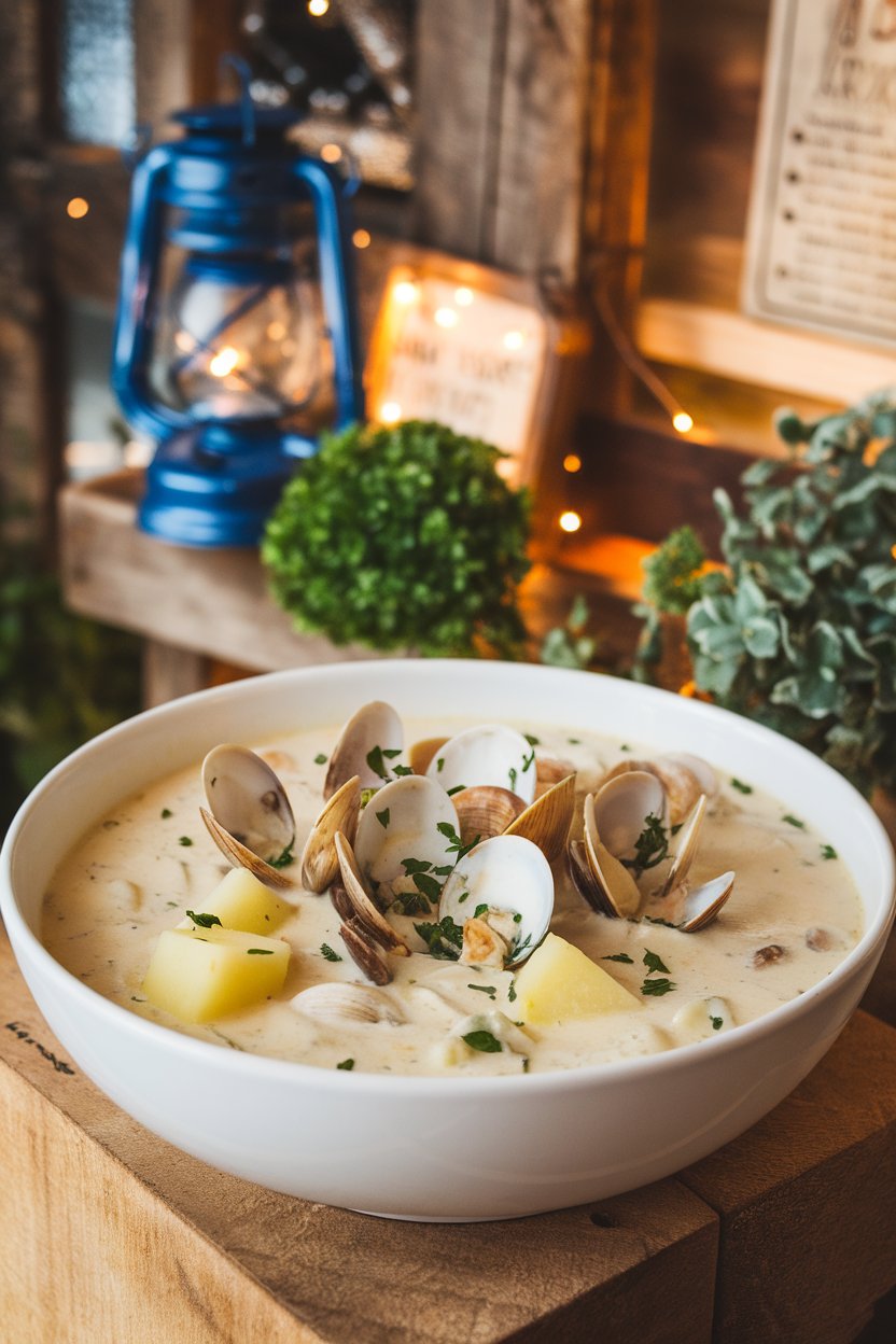 Indoor seafood shack vibe with a white bowl of creamy clam chowder, potato cubes and clams visible, sprinkled with chopped parsley. No text or logos. Photo.