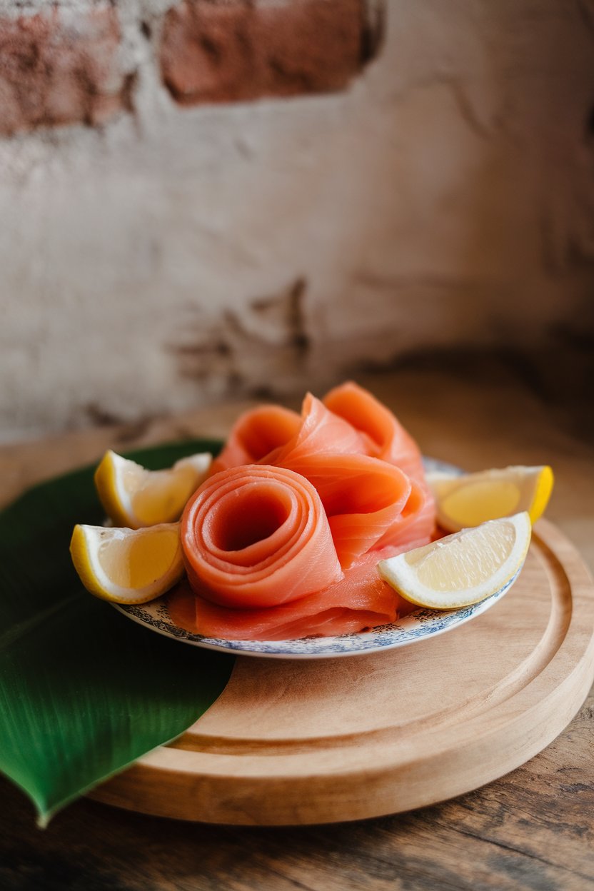 Indoor photo of thin slices of smoked salmon folded neatly on a small platter with lemon wedges, no text or logos