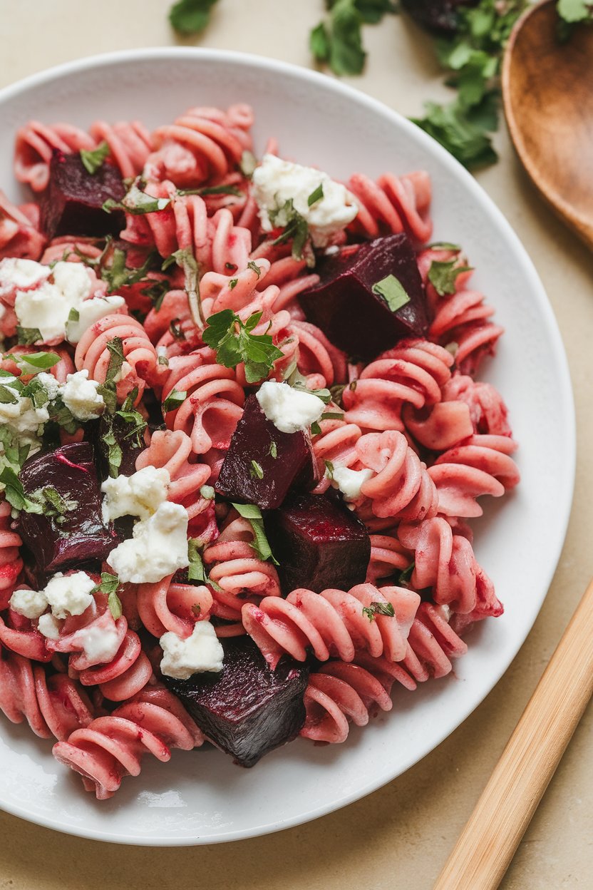 Indoor shot of rotini pasta tinted slightly pink from diced roasted beets, dotted with creamy goat cheese crumbles. No text or logos.