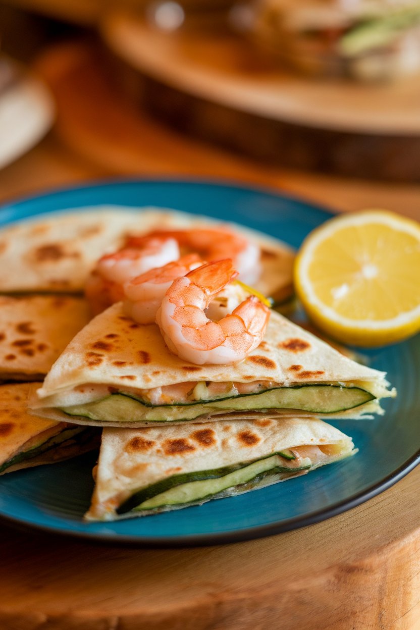 Indoor seafood plate, cooked shrimp and zucchini quesadilla wedges, lemon slice nearby, photo, no text or logos.
