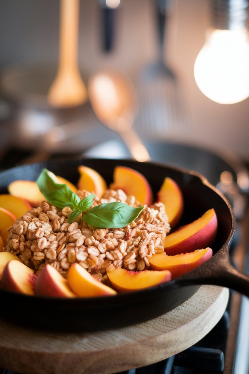 Indoor photo of a cast-iron skillet filled with peach slices under an oat-almond topping, a few basil leaves scattered. No text or logos.