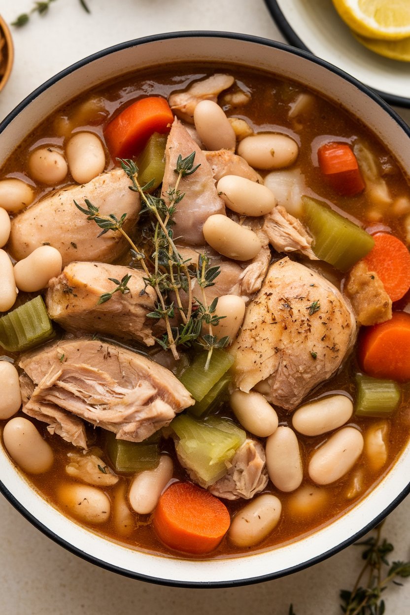 Indoor food photo of chunky chicken and white bean stew in a wide soup plate, thyme sprigs visible; no text or logos.
