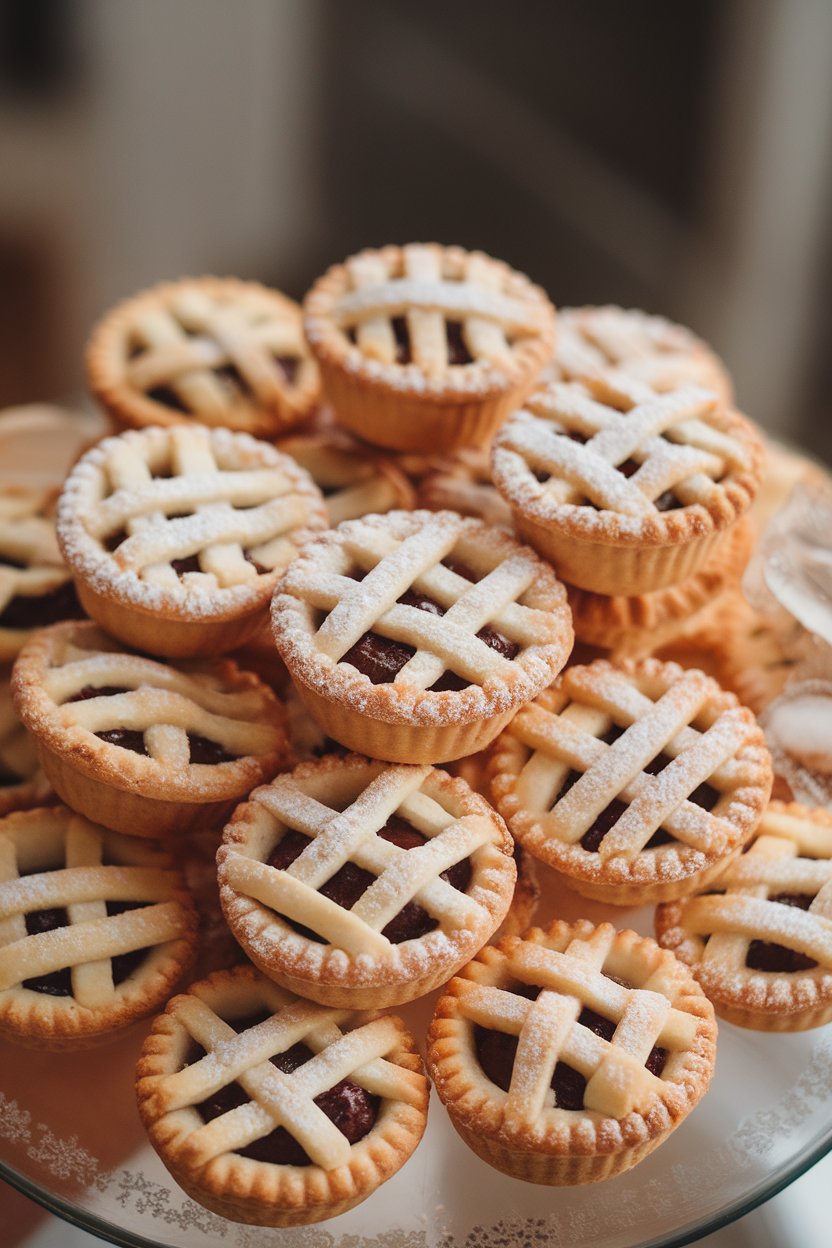 A plate indoors of mini mince pies dusted with powdered sugar, lattice tops golden, no text or logos. Photo.