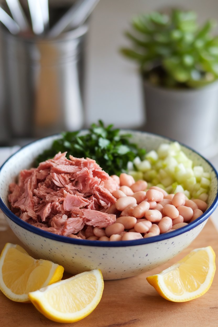 An indoor bowl containing flaked tuna, cannellini beans, diced celery, and parsley, with lemon wedges nearby, no text or logos.