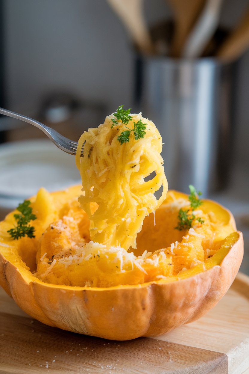 Indoor photo of fork-twirled spaghetti squash strands with garlic and parmesan in a bowl, parsley garnish, no text or logos