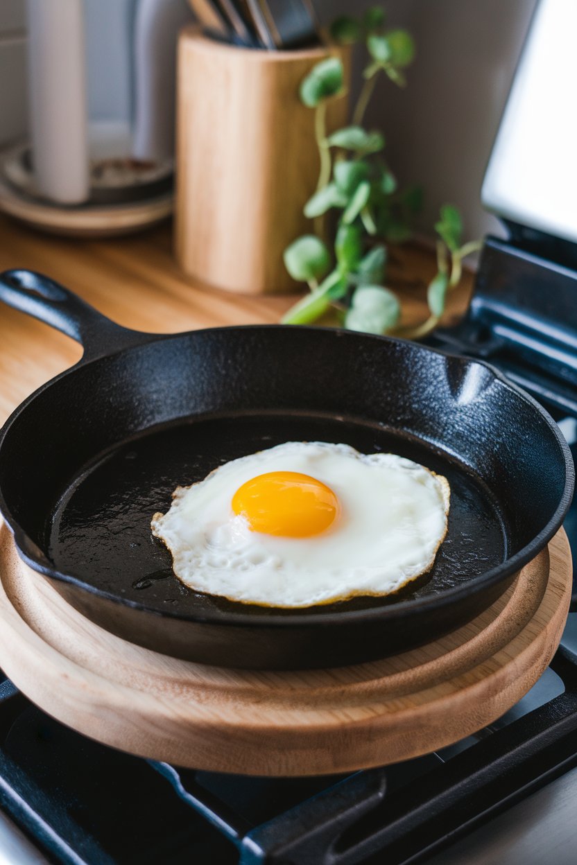 Indoor stovetop with a cast-iron skillet showing two sunny-side-up eggs, yolks vibrant and intact. No text, no logos. Photo only.