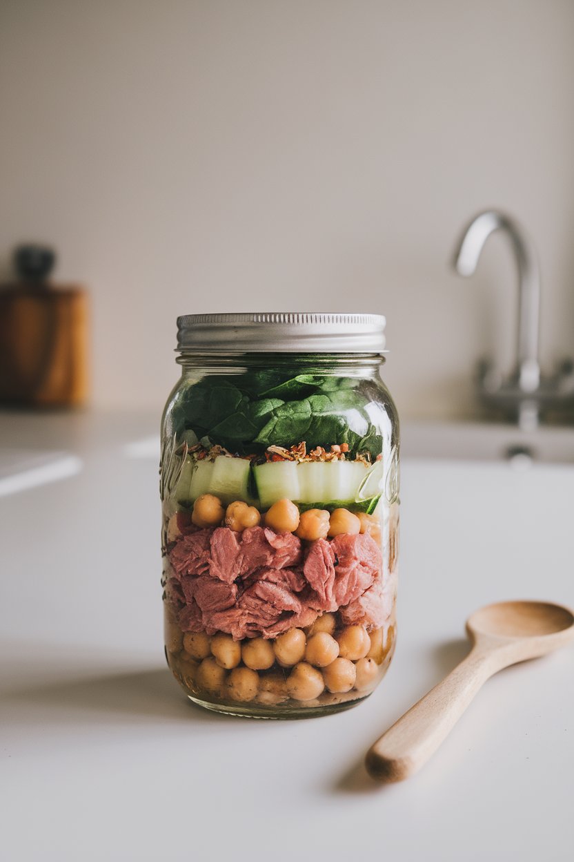 A mason jar on an indoor countertop layered with olive oil dressing, chickpeas, tuna, cucumber, and spinach. No text or logos anywhere. Photo only.