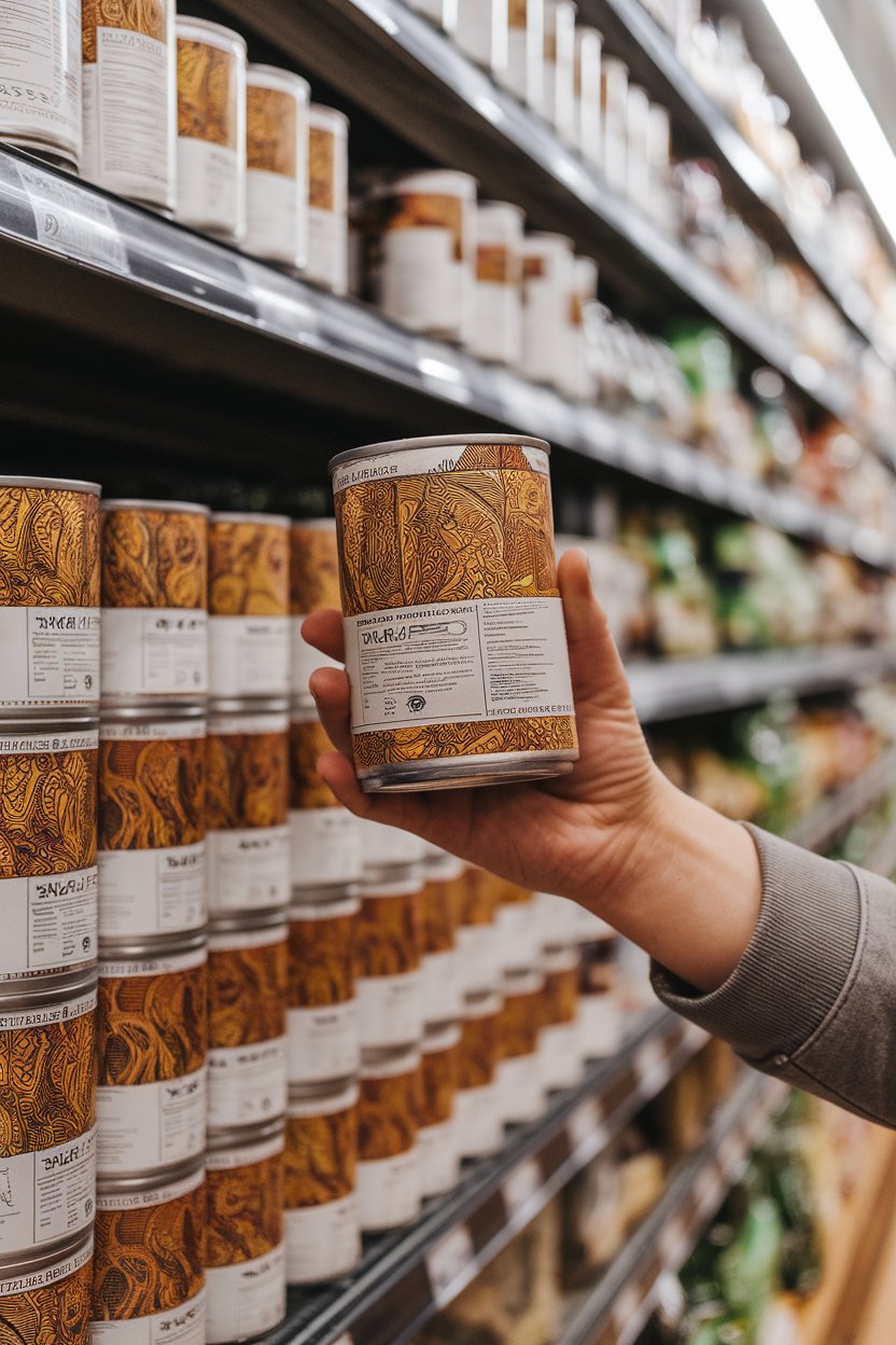A hand holding a can of beans in a grocery aisle, focus on the back label without readable text, no brand visible.