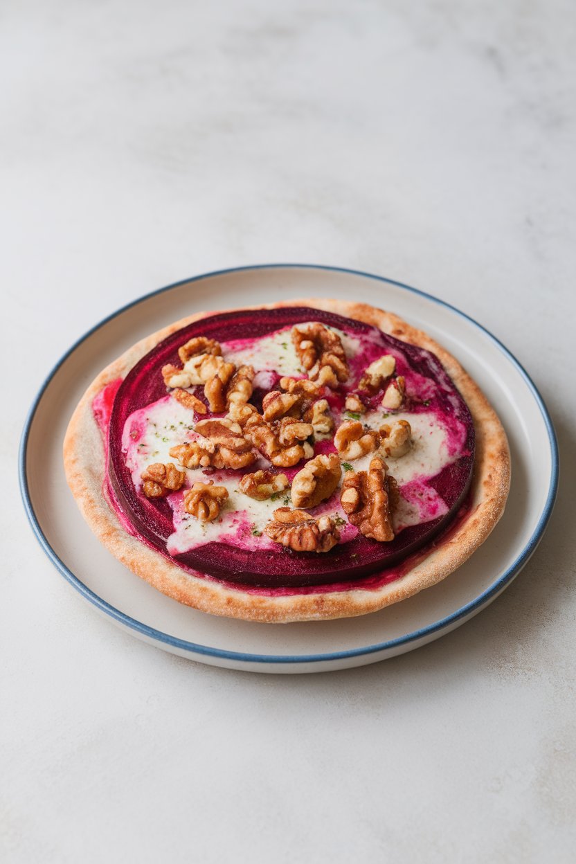 Indoor photo of vibrant pink beet pita pizza topped with melted goat cheese and chopped walnuts on a small plate, no text or logos
