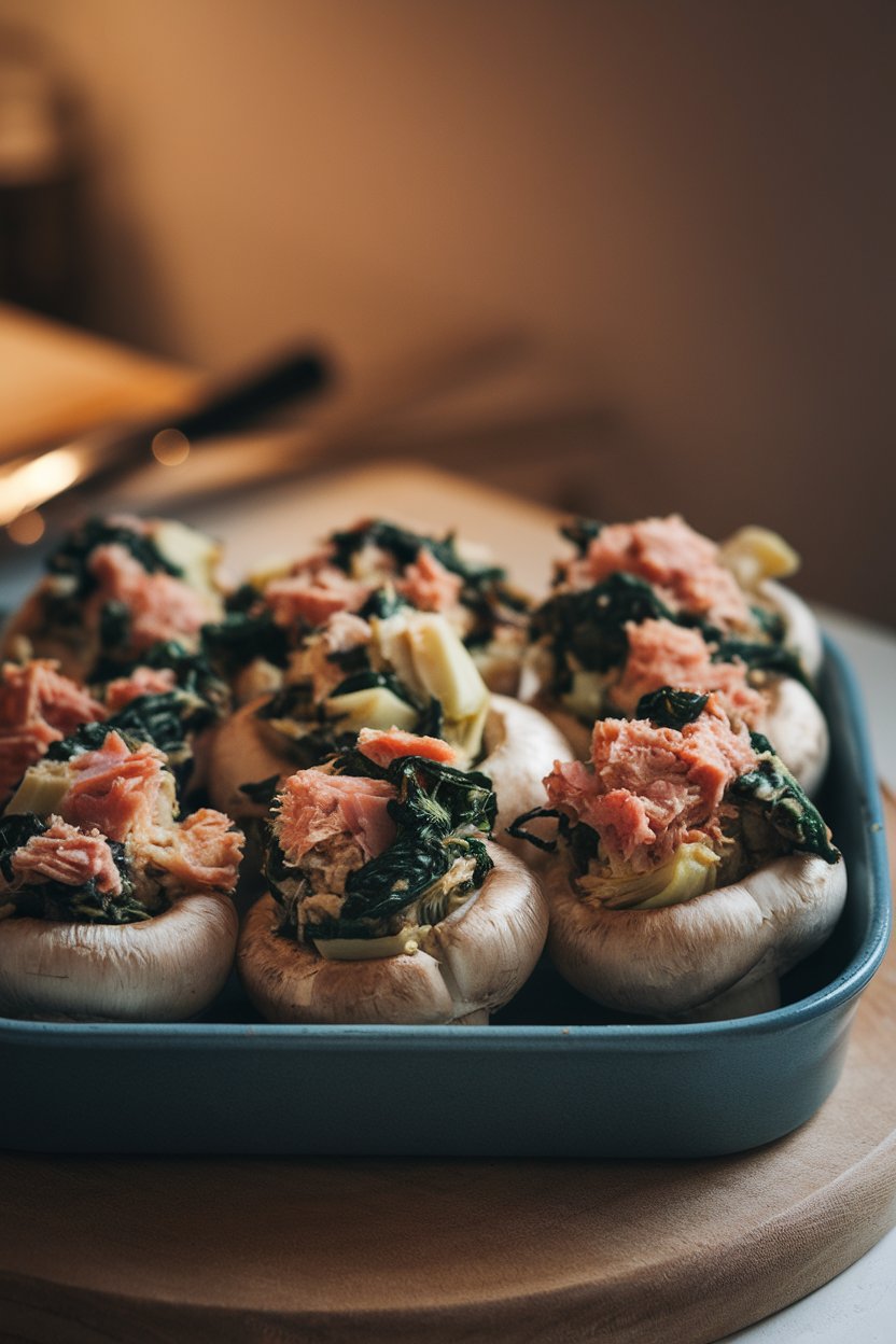 Baking dish of button mushrooms filled with spinach, artichoke, and tuna mixture, indoor warm light, no logos.