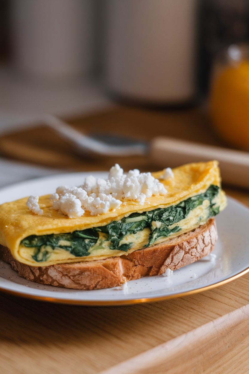 Photo of a folded omelet filled with vibrant green spinach and crumbled feta, resting on a slice of whole-wheat toast on a white plate indoors; no text or logos present.