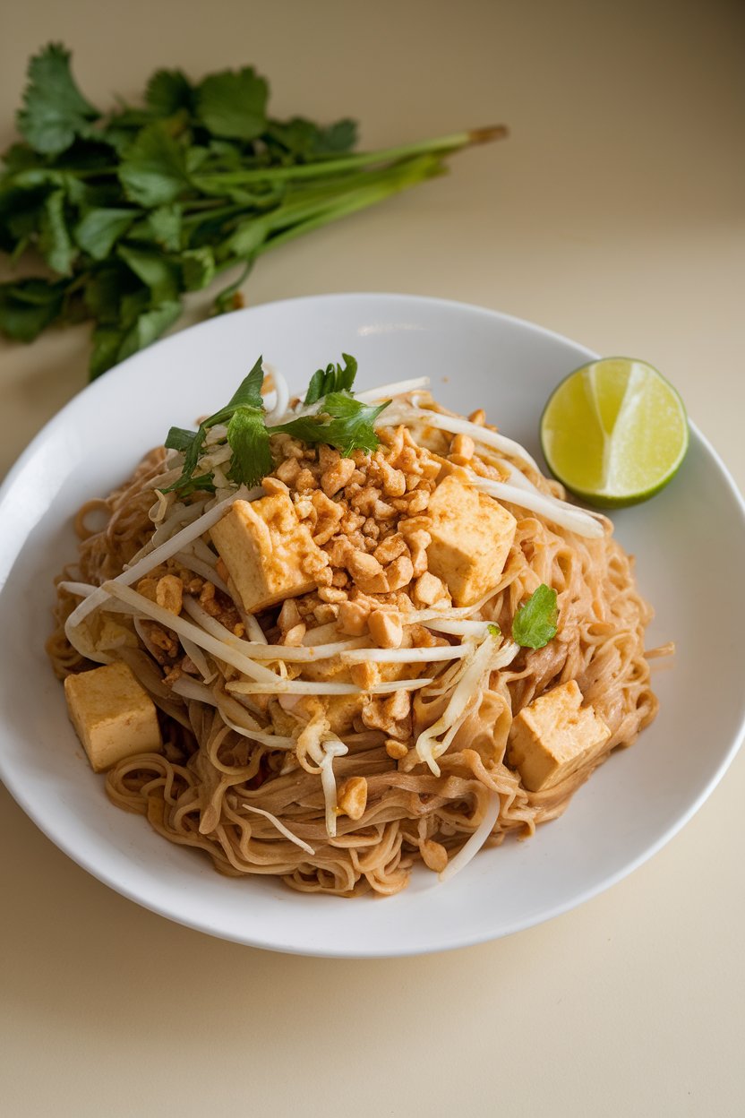 An indoor plate of rice noodles tossed with tofu cubes, bean sprouts, and crushed peanuts, lime wedge on the side; photo only, no text or logos.