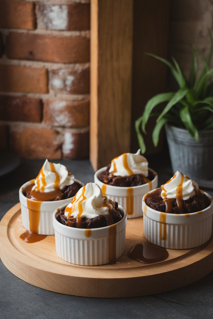 Indoor ramekins of dark sticky toffee pudding topped with warm caramel sauce and whipped cream. No text or logos. Photo only.