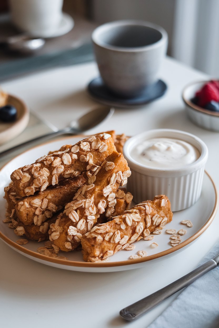 A plate on an indoor breakfast table stacked with French toast sticks coated in visible oat flakes, small ramekin of yogurt-honey dip beside. No logos. Photo.