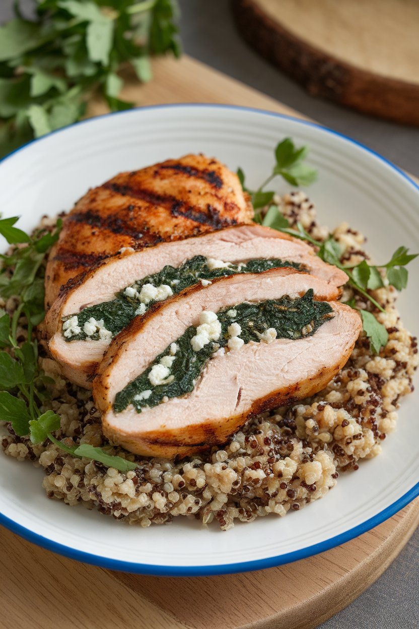 An indoor dinner plate featuring a chicken breast sliced to reveal green spinach and white feta filling, served with quinoa. No text or logos. Photo.