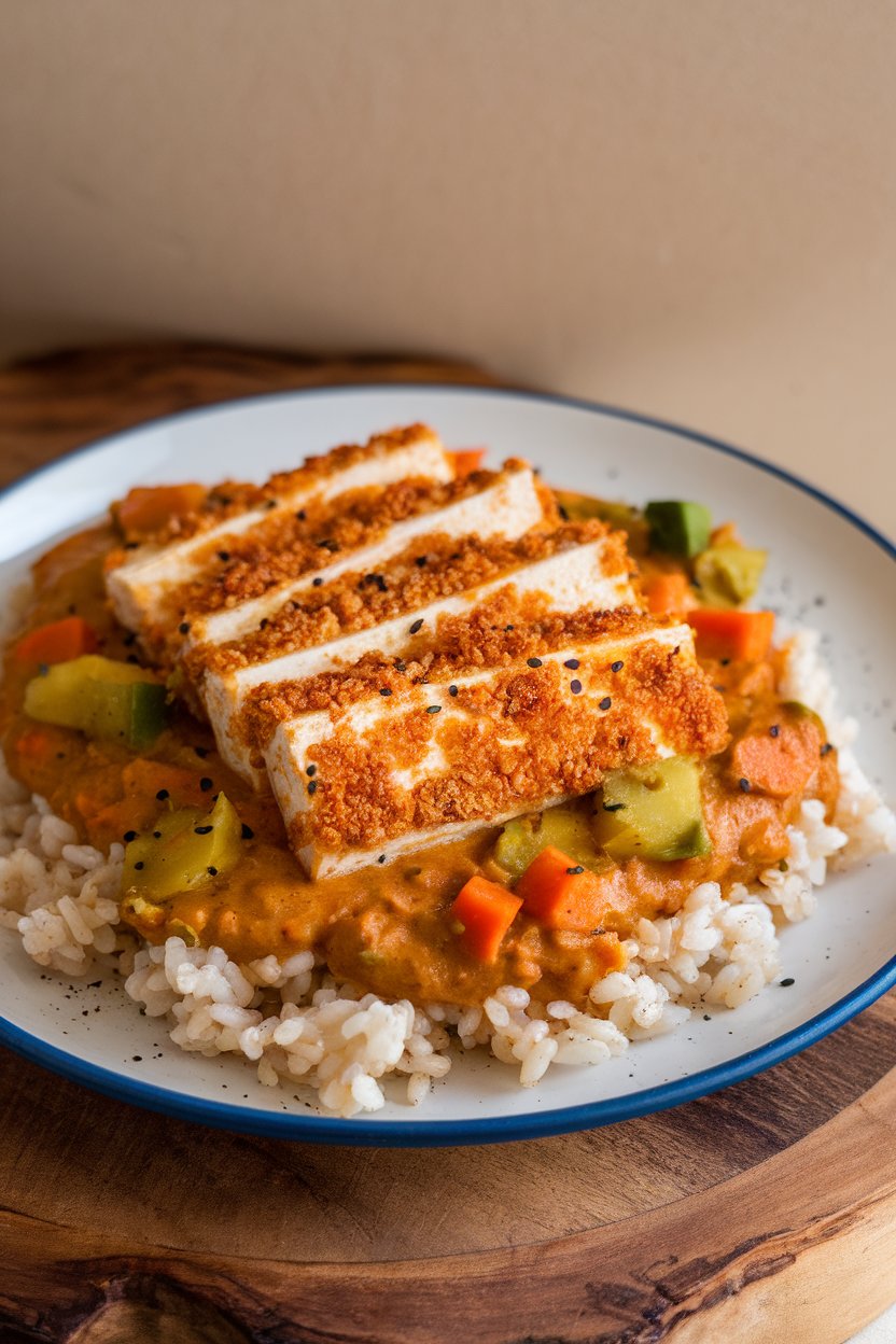 An indoor plate with baked panko-crusted tofu slices over brown rice, ladled with Japanese vegetable curry sauce; no text or logos; photo.