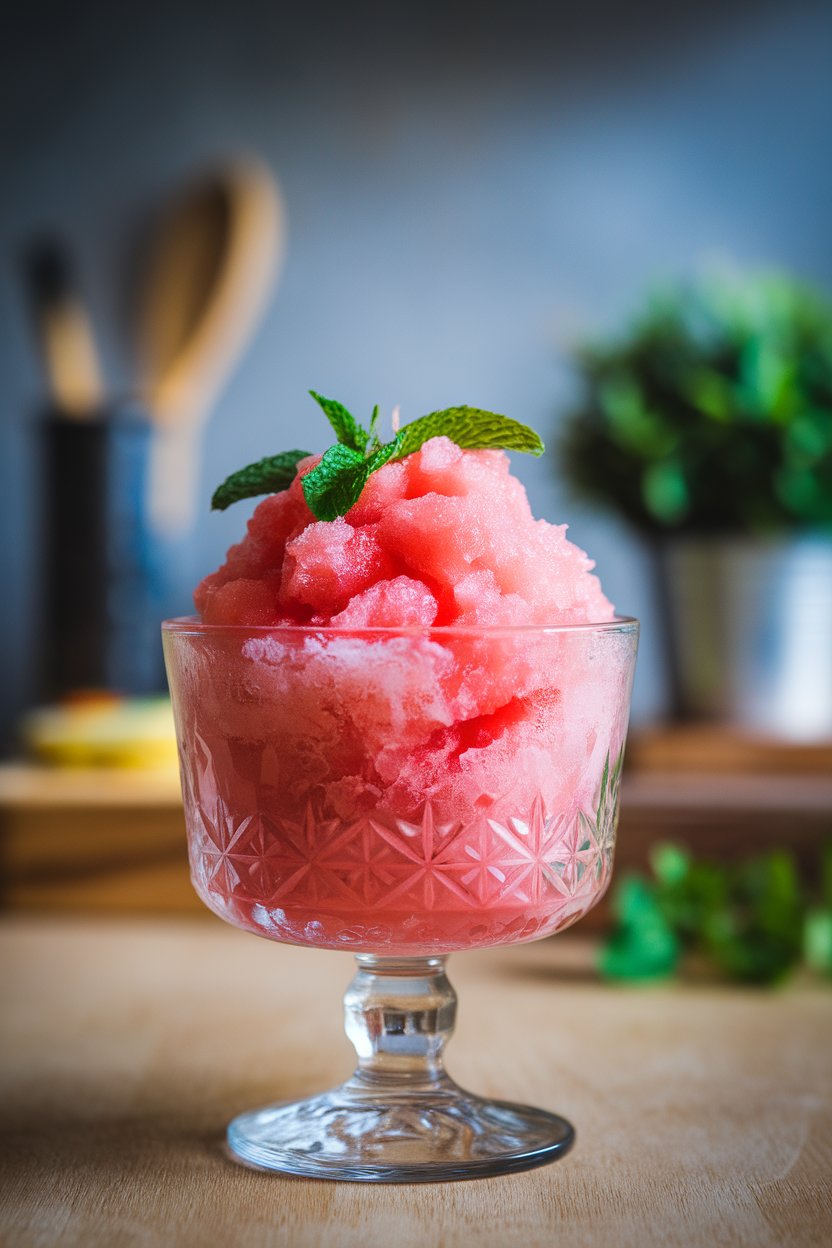 An indoor glass dish holding fluffy pink watermelon granita garnished with mint leaves, photo, no logos.