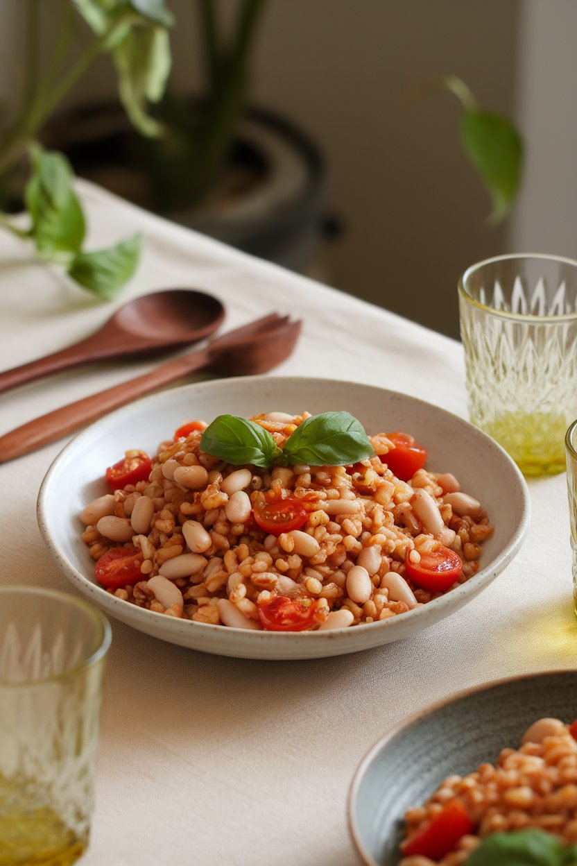 Indoor table displaying farro mixed with white beans, cherry tomatoes, fresh basil, and a drizzle of olive oil. No text or logos.