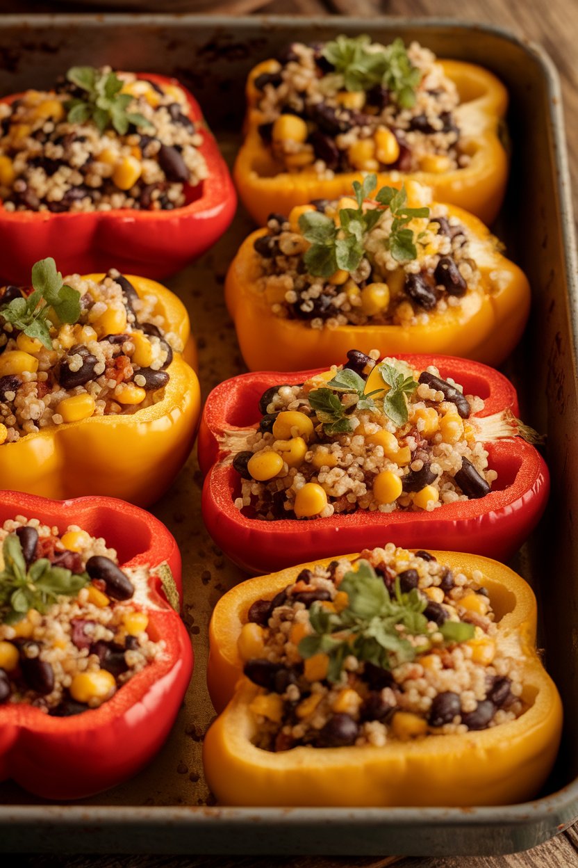 Photo, indoors, baking dish holding halved red and yellow bell peppers filled with quinoa, black beans, corn, and herbs, fresh from the oven with a light char. No text or logos present.