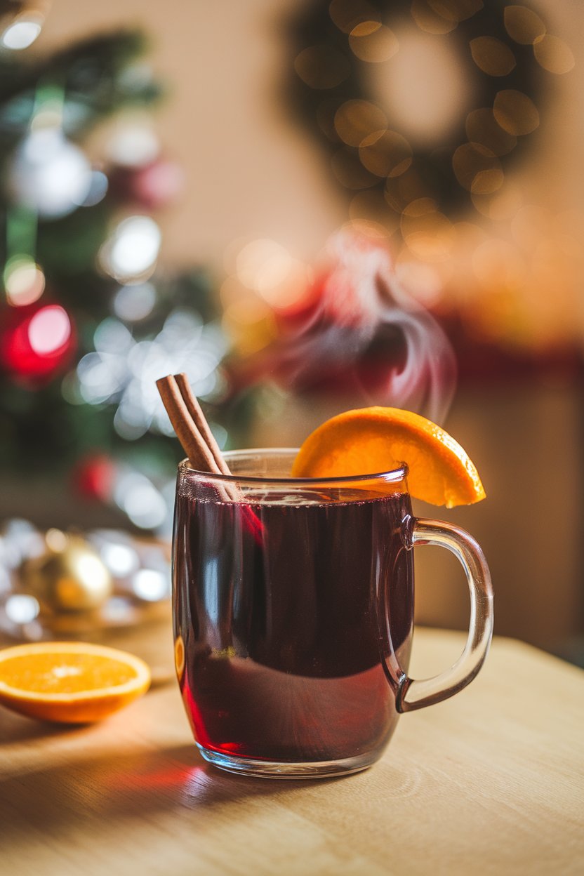 A steaming mug of deep-red mulled wine indoors on a wooden table, cinnamon stick inside, orange slice on rim—no logos or text. Photo.