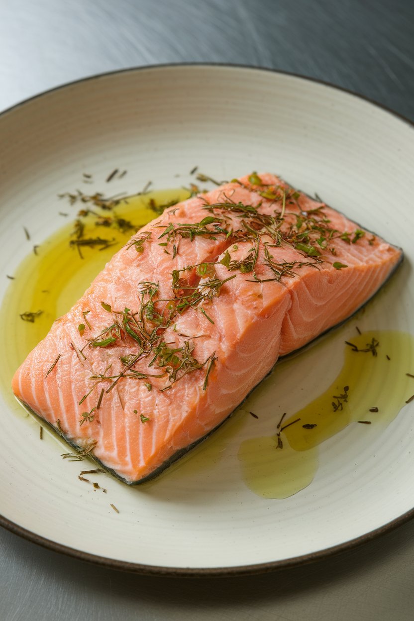 Indoor plate with tender salmon fillet flaked gently, herbs sprinkled on top, olive oil puddling lightly. No raw fish or logos.