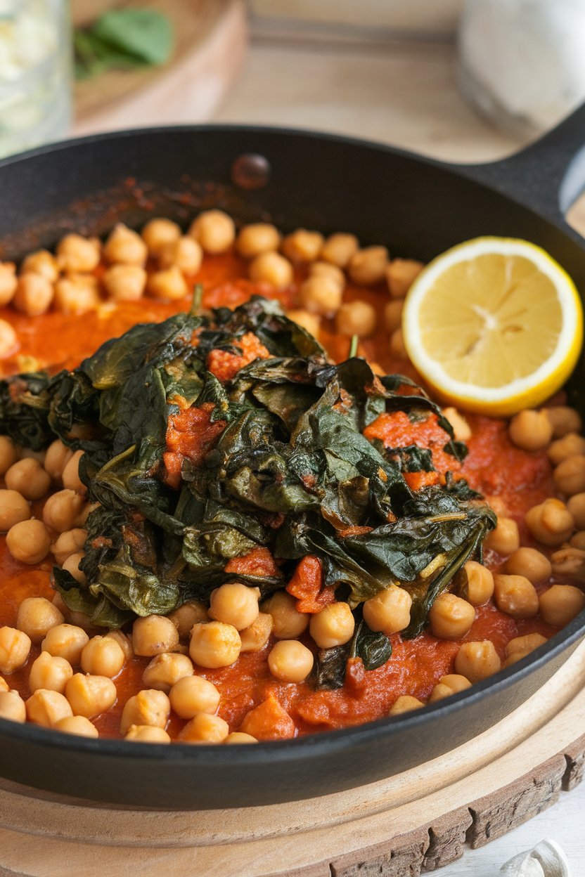 Photo prompt: Indoor skillet of chickpeas simmered in smoked paprika tomato sauce with wilted spinach, lemon wedge on side. No text or logos present.