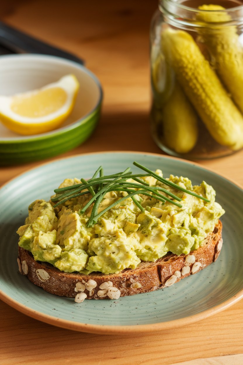 Indoor photo of whole-grain toast topped with bright green avocado egg salad and chives. No branding or text.