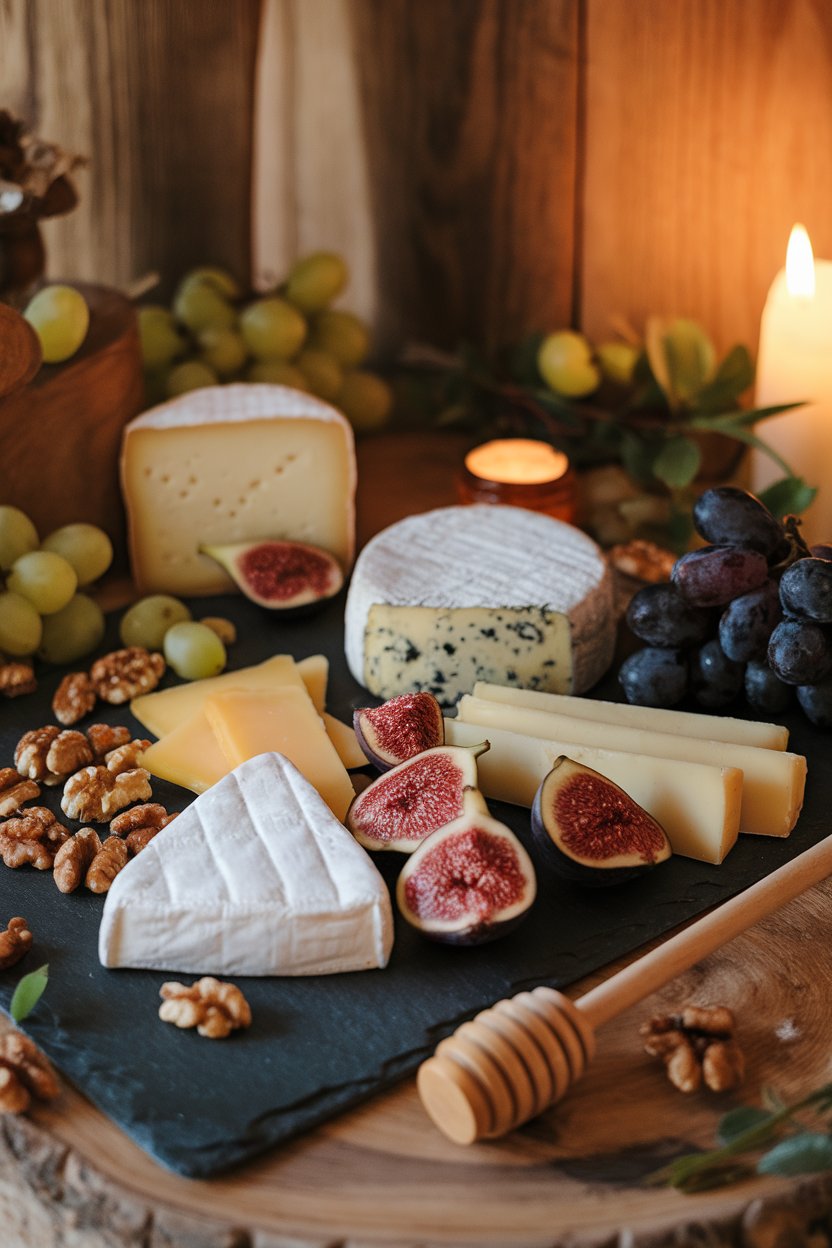 An indoor slate board displaying cheeses, figs, grapes, and walnuts, honey dipper nearby, no logos or text. Photo.