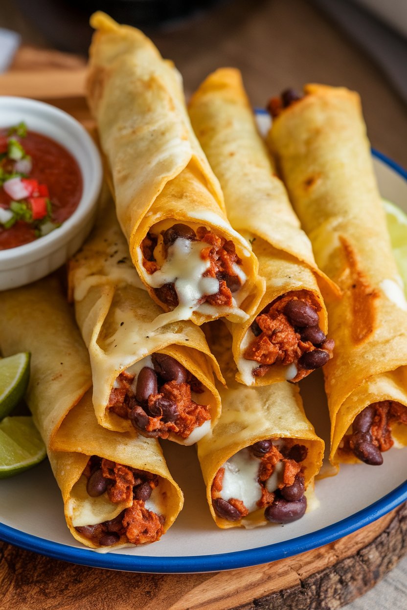 An indoor platter holding several baked taquitos with ends showing melted cheese and black bean filling, accompanied by salsa. No text or logos. Photo.