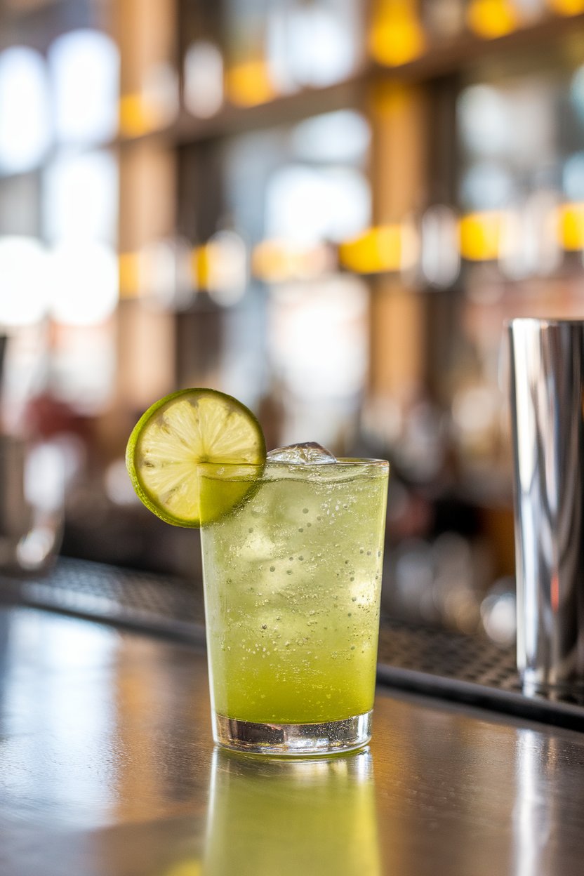 Photo of bright-green kiwi shots with tiny lime wheel garnish, bubbles visible; indoor bar; no text or logos.