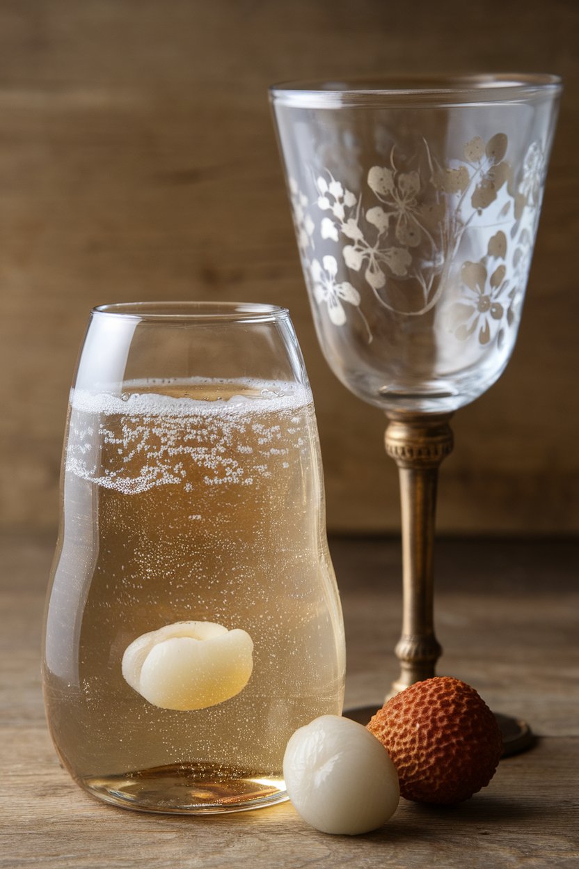 Indoor stemmed flute with clear sparkling sake and lychee fruit at bottom, delicate bubbles visible. No text or logos.
