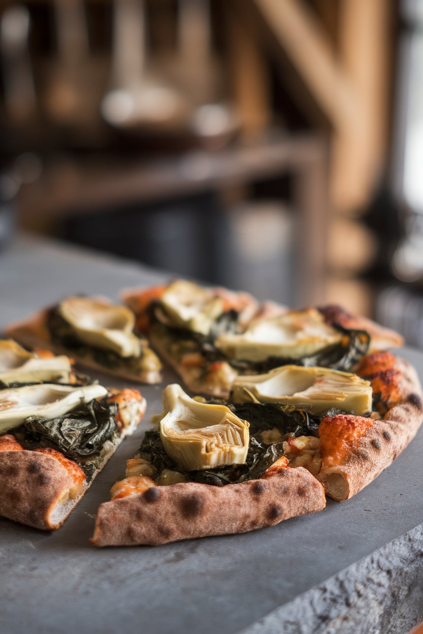 Indoor photo of farro crust pizza wedges topped with marinated artichoke hearts and wilted spinach on a grey stone surface, no text or logos