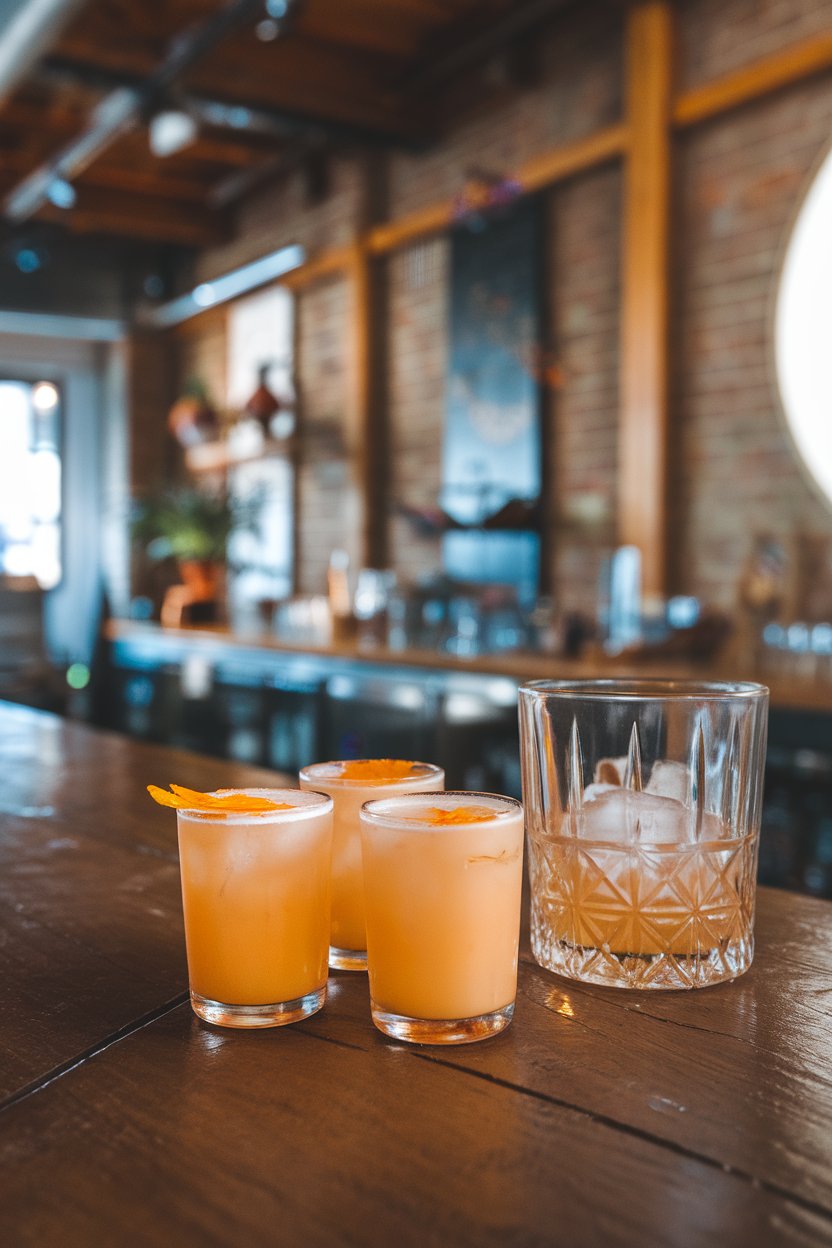 Photo of pale-orange shots with an orange blossom petal floating, indoor bar; no text or logos.