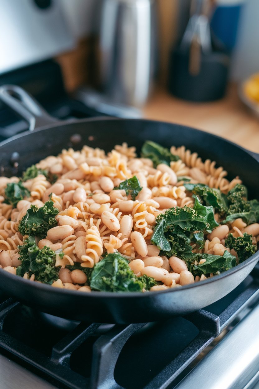 Indoor photo of a skillet of whole-wheat pasta tossed with white beans and wilted kale in light garlic sauce; stovetop lighting, no text or logos
