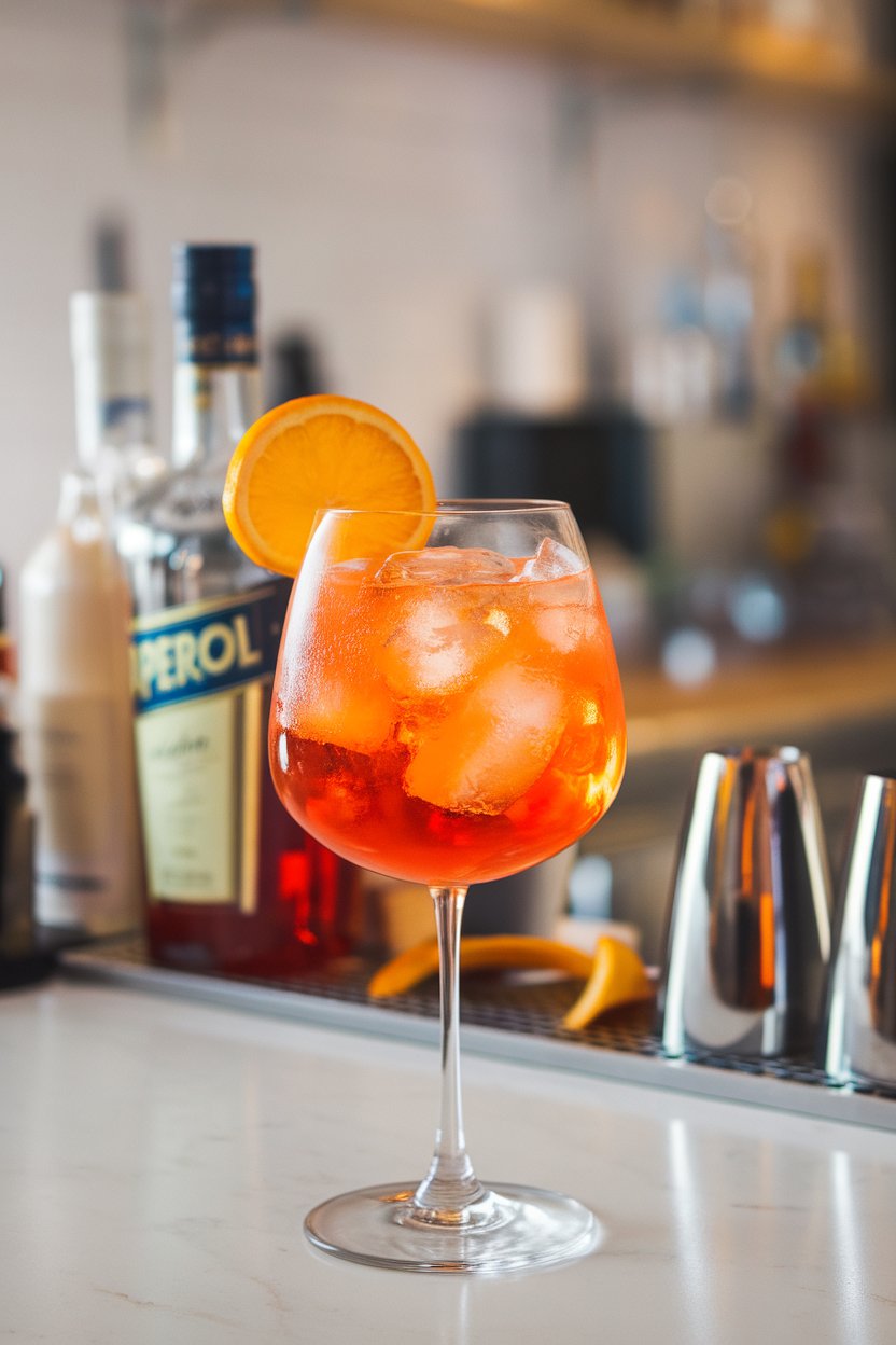 An indoor bar counter with an orange-tinted Aperol Spritz in a stemmed glass packed with ice and an orange wheel. No branding visible.
