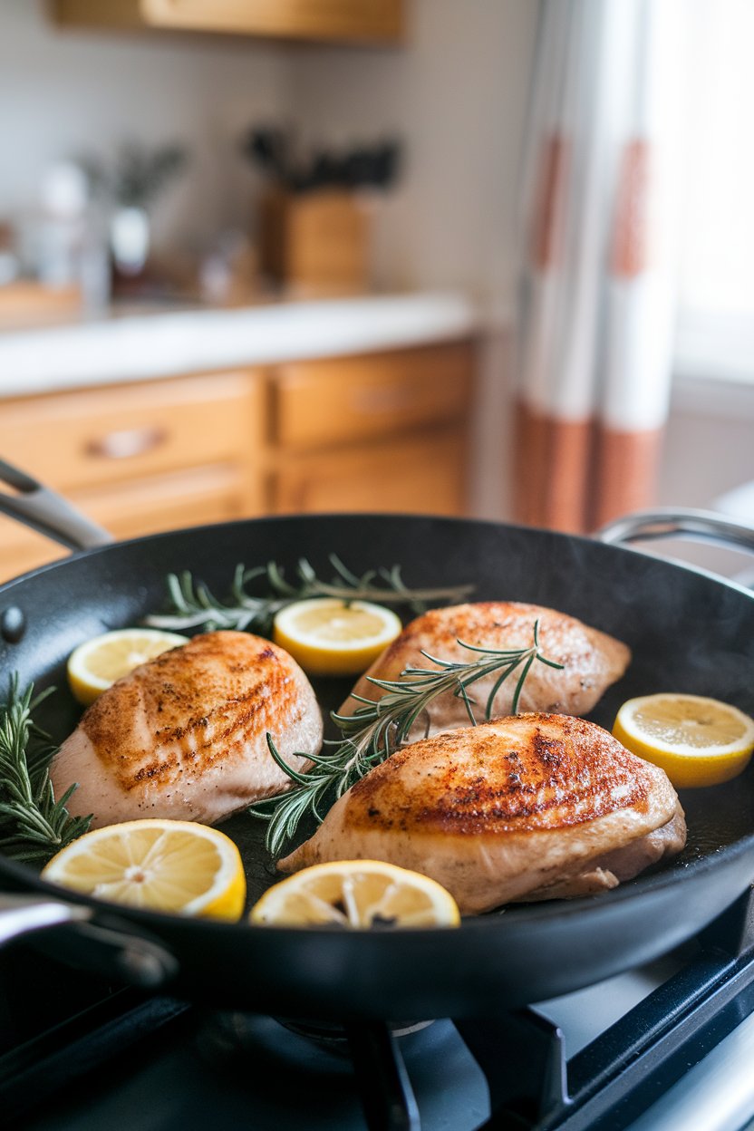 A skillet on an indoor stovetop displaying seared chicken breasts with lemon slices and rosemary sprigs. No text or logos. Photo, not illustration.