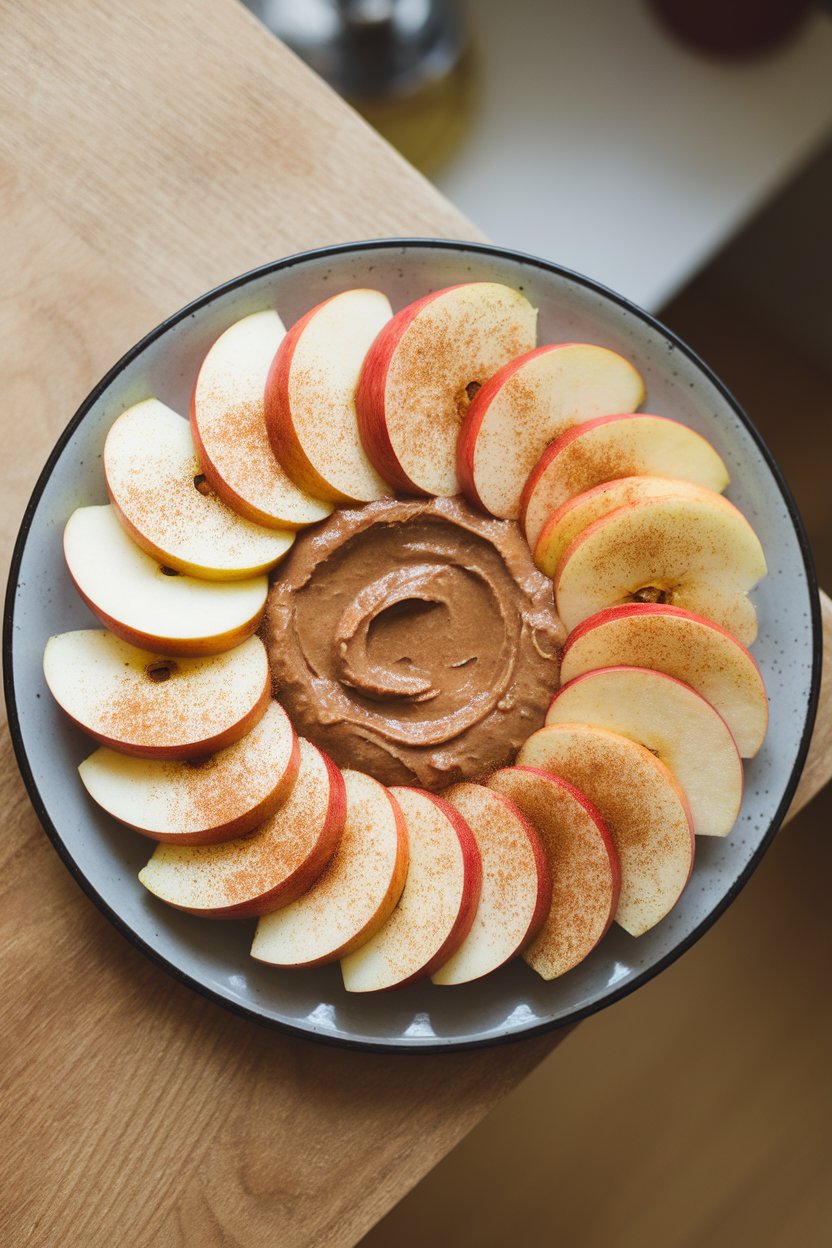 An indoor snack plate with round apple slices layered with almond butter and sprinkled with cinnamon, photographed from overhead; no text or logos.