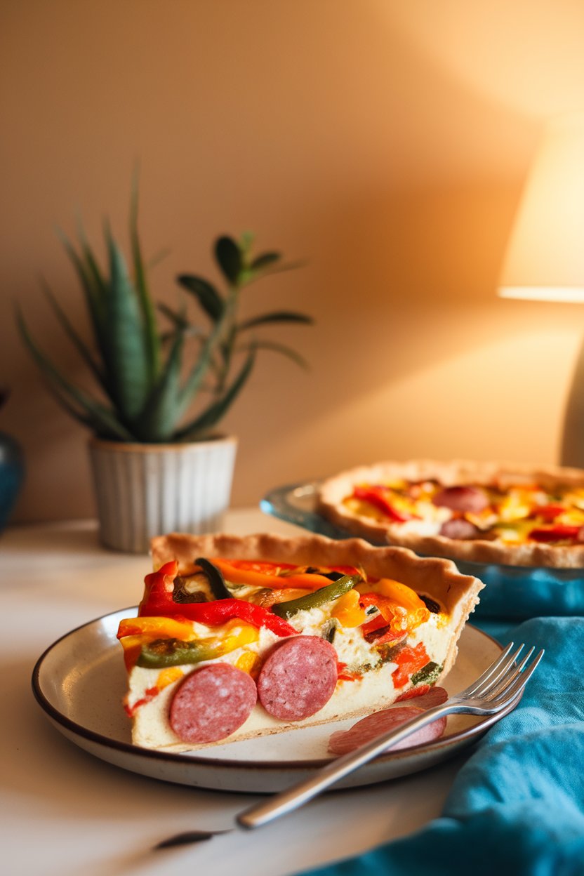Warm indoor scene of quiche slice with colorful peppers and turkey kielbasa rounds visible, no text or logos.