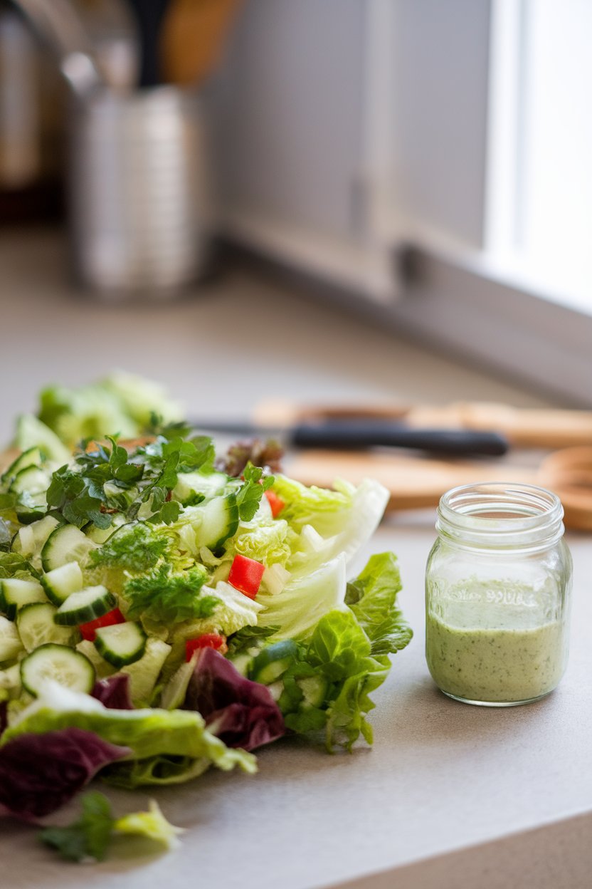 Photo of chopped romaine, cucumber, celery, and herbs with a small jar of green goddess dressing on an indoor countertop, no text or logos.